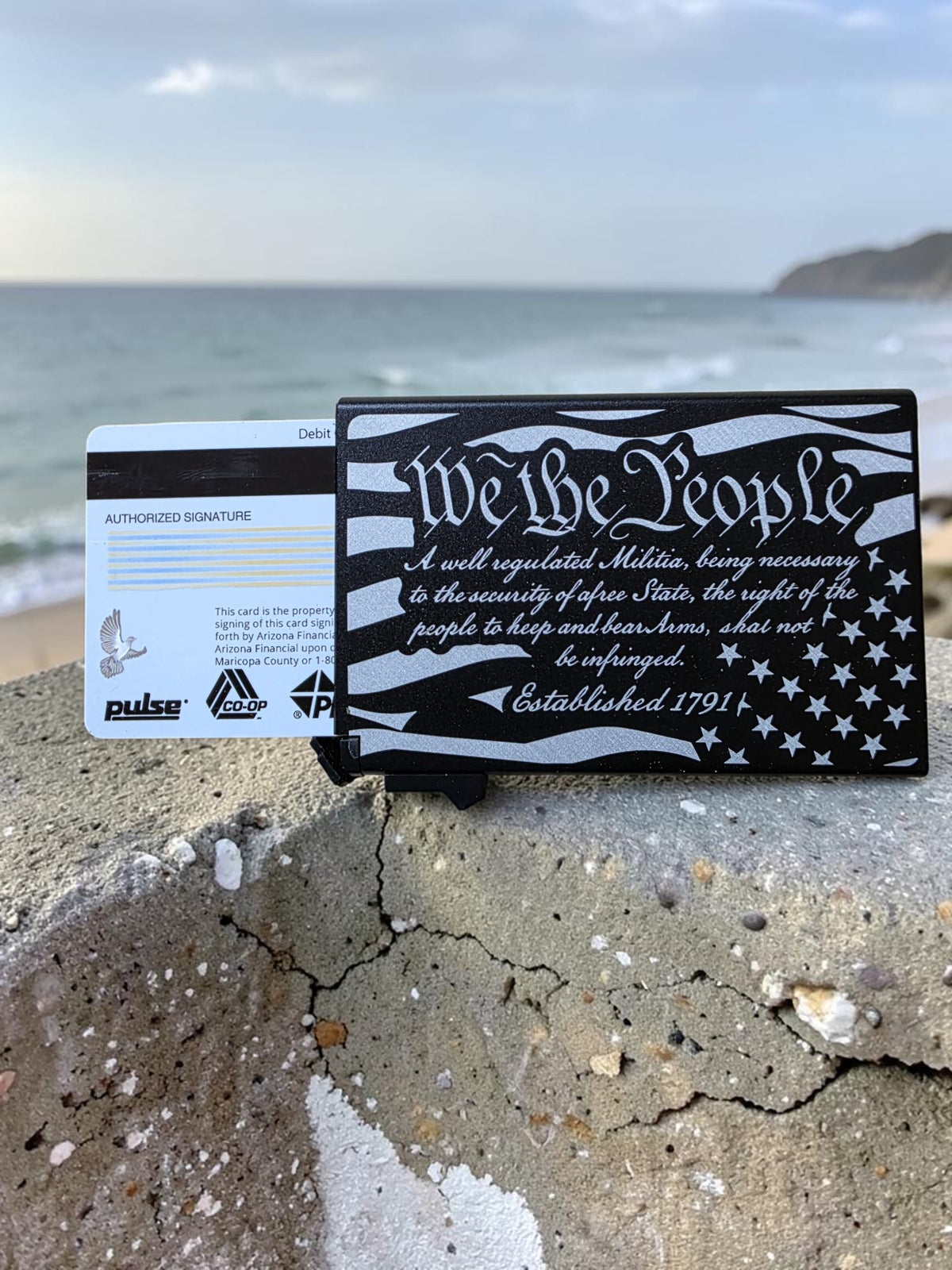 “We The People” Engraved Powder Coated Aluminum Metal Wallet – Double-Sided 5 Card Holder
