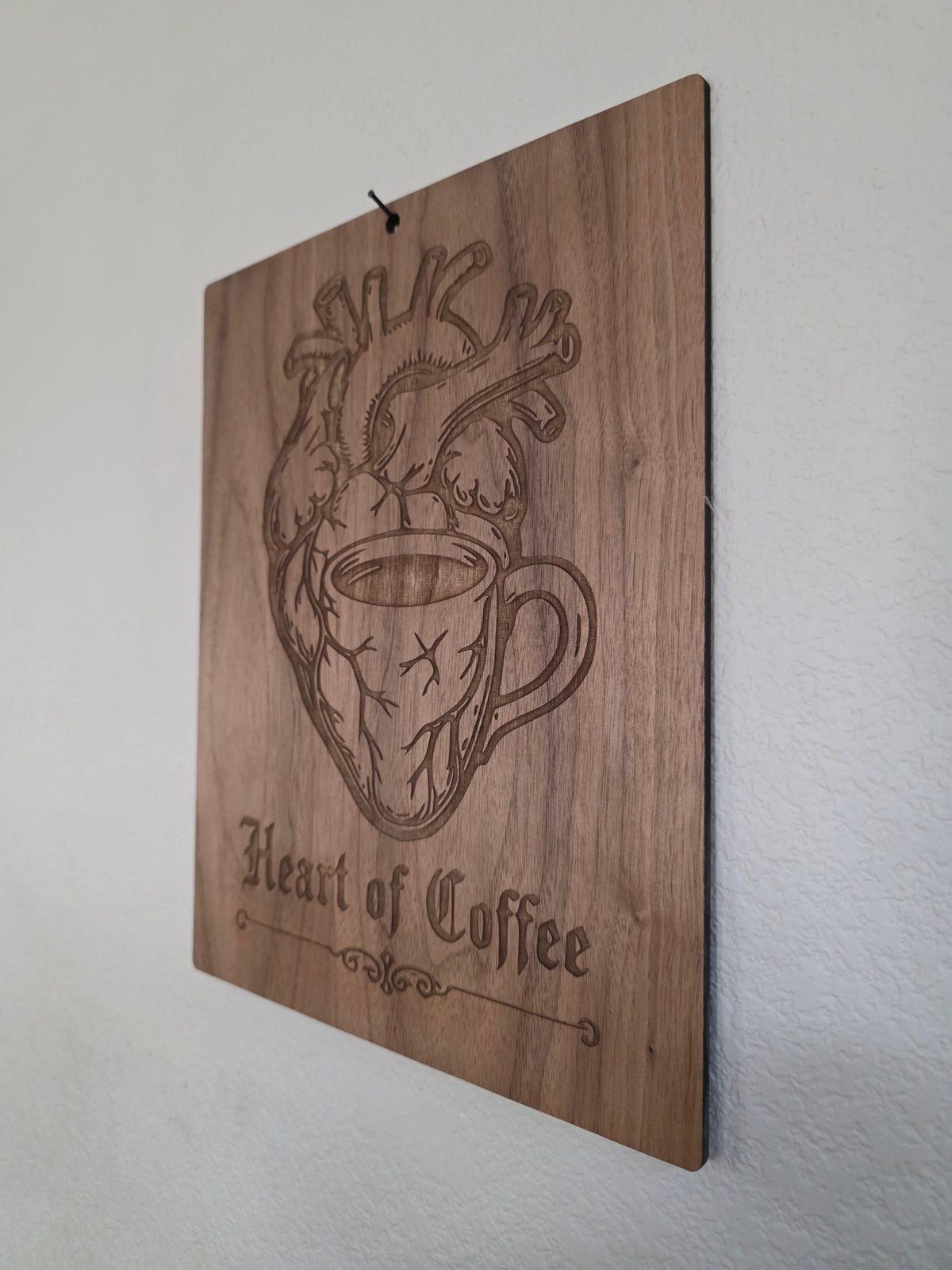 Heart of Coffee – 11" x 17" Engraved Walnut Coffee Wall Art