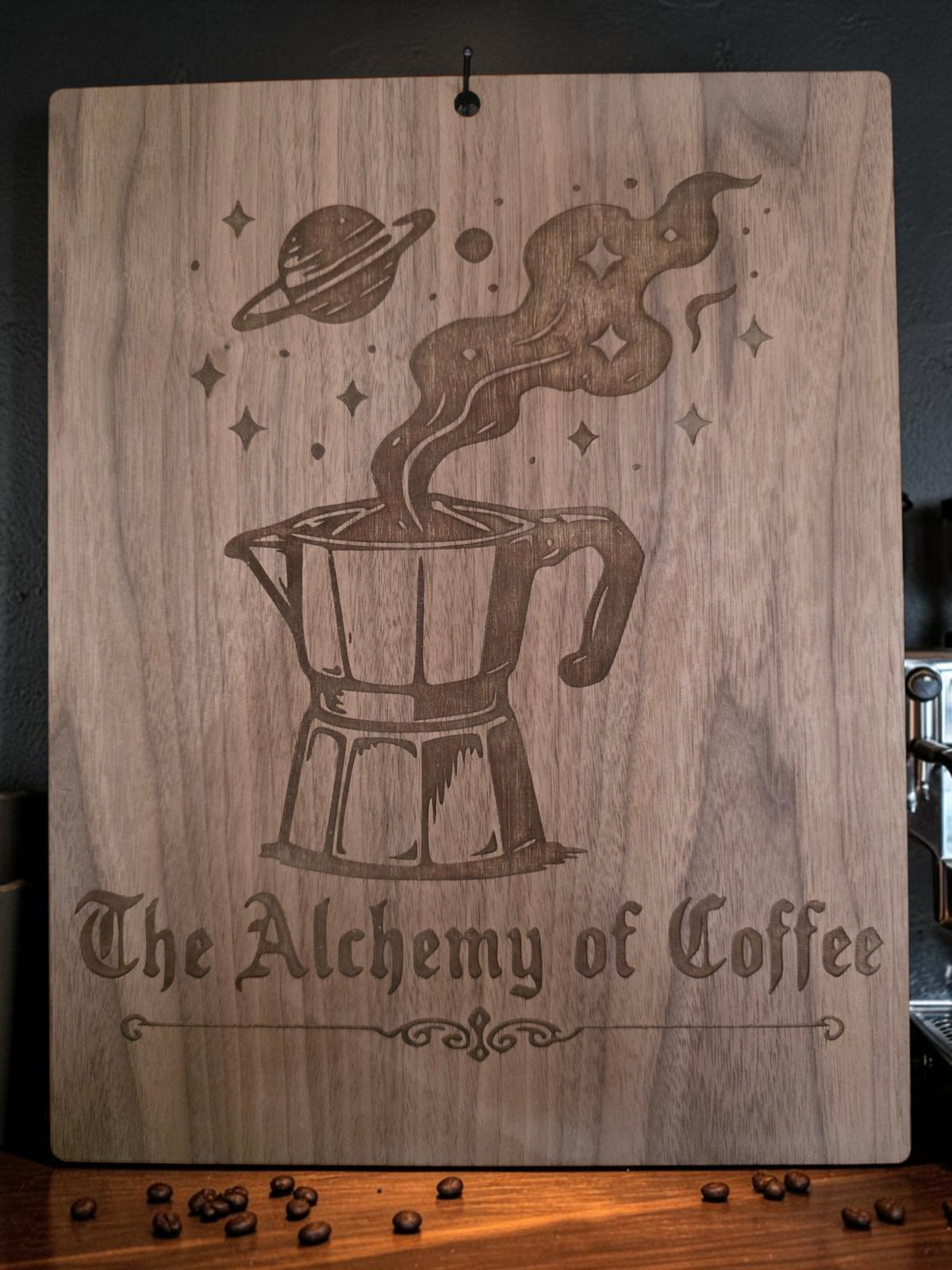 The Alchemy of Coffee – 11" x 17" Engraved Walnut Coffee Wall Art