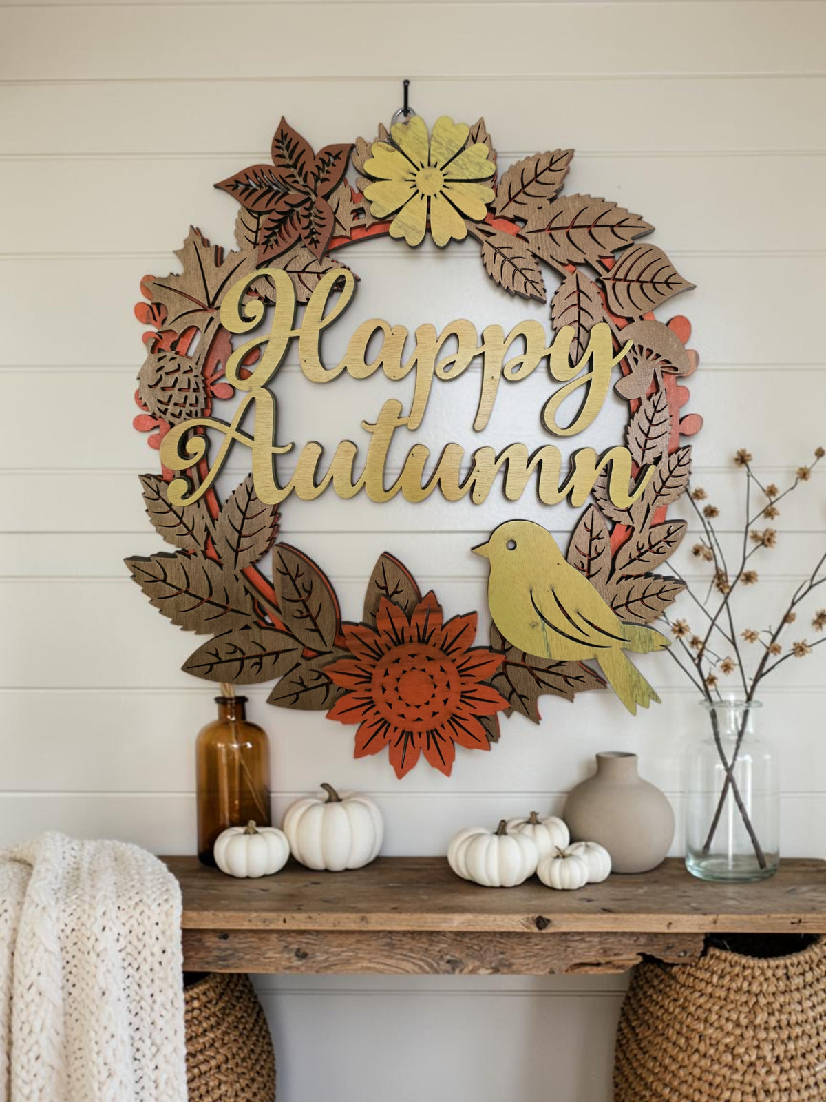 Happy Autumn Songbird Wreath Layered Wood Wall Art – Fall Door Décor