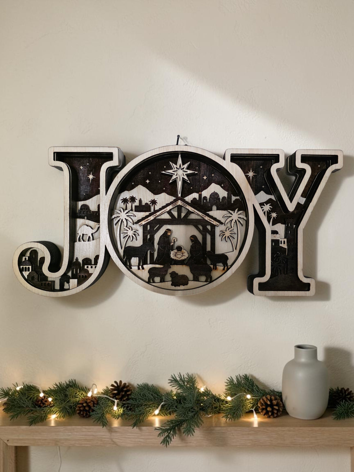 JOY Nativity Layered Wood Wall Art – Christmas Decor