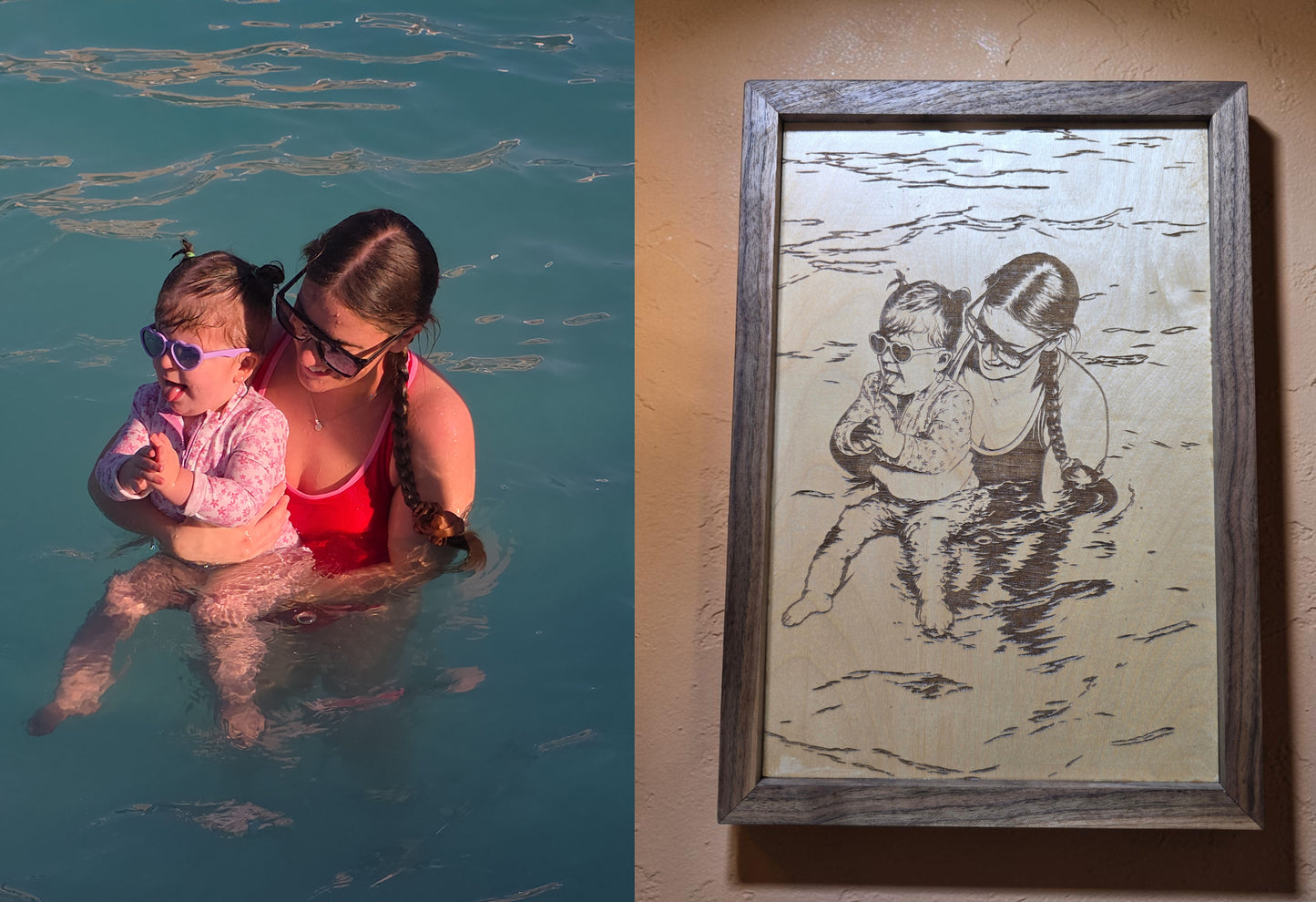 Custom Engraved Photo Portrait on Maple with Solid Walnut Frame