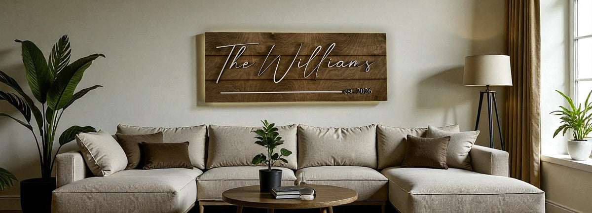 Custom Back-Lit Family Name Sign – ¼" Maple Wood, Dark Walnut Stain, White Overlay Text