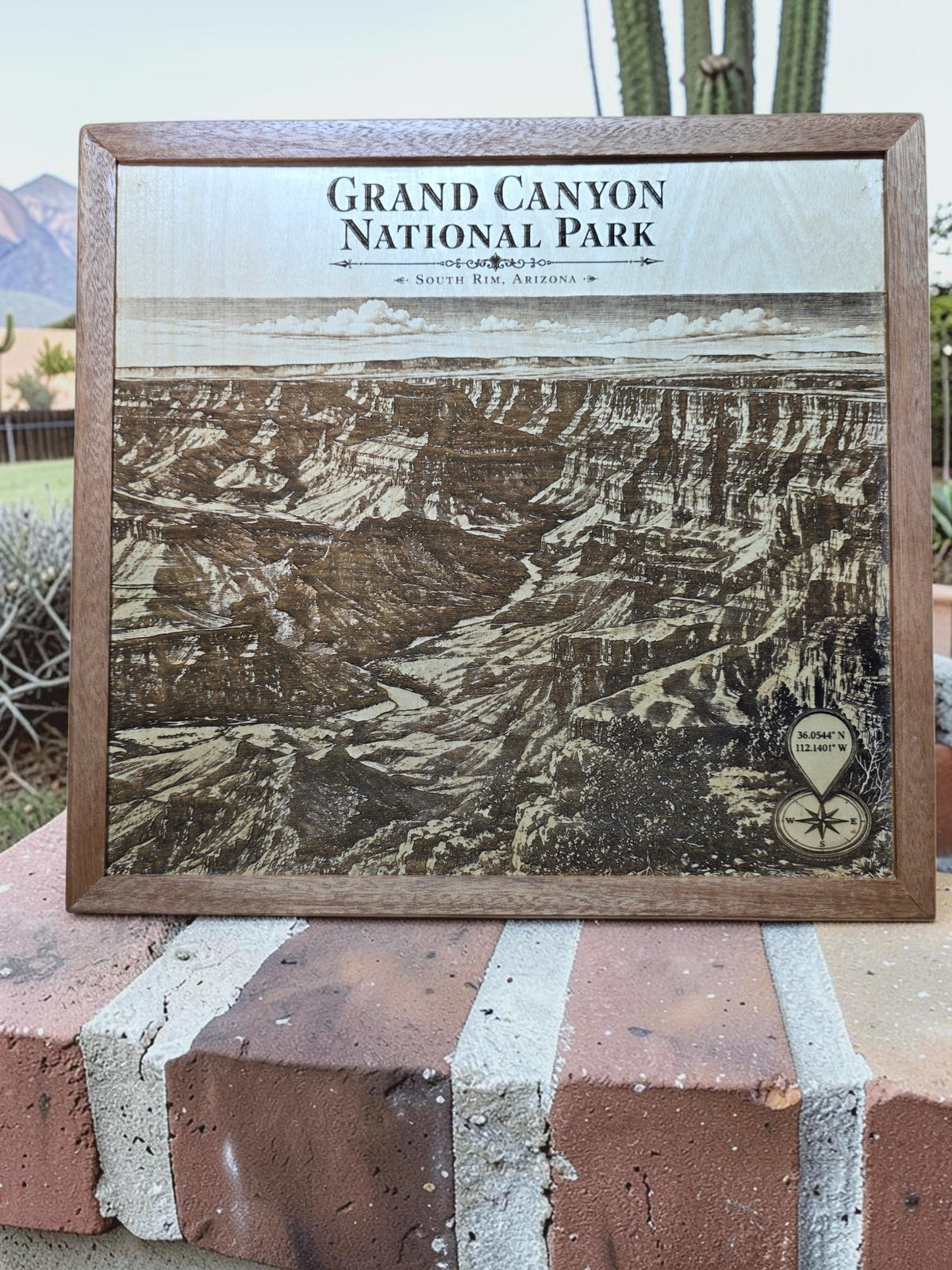 Grand Canyon National Park South Rim Arizona Laser Engraved Wood Wall Art with Solid Mahogany Frame