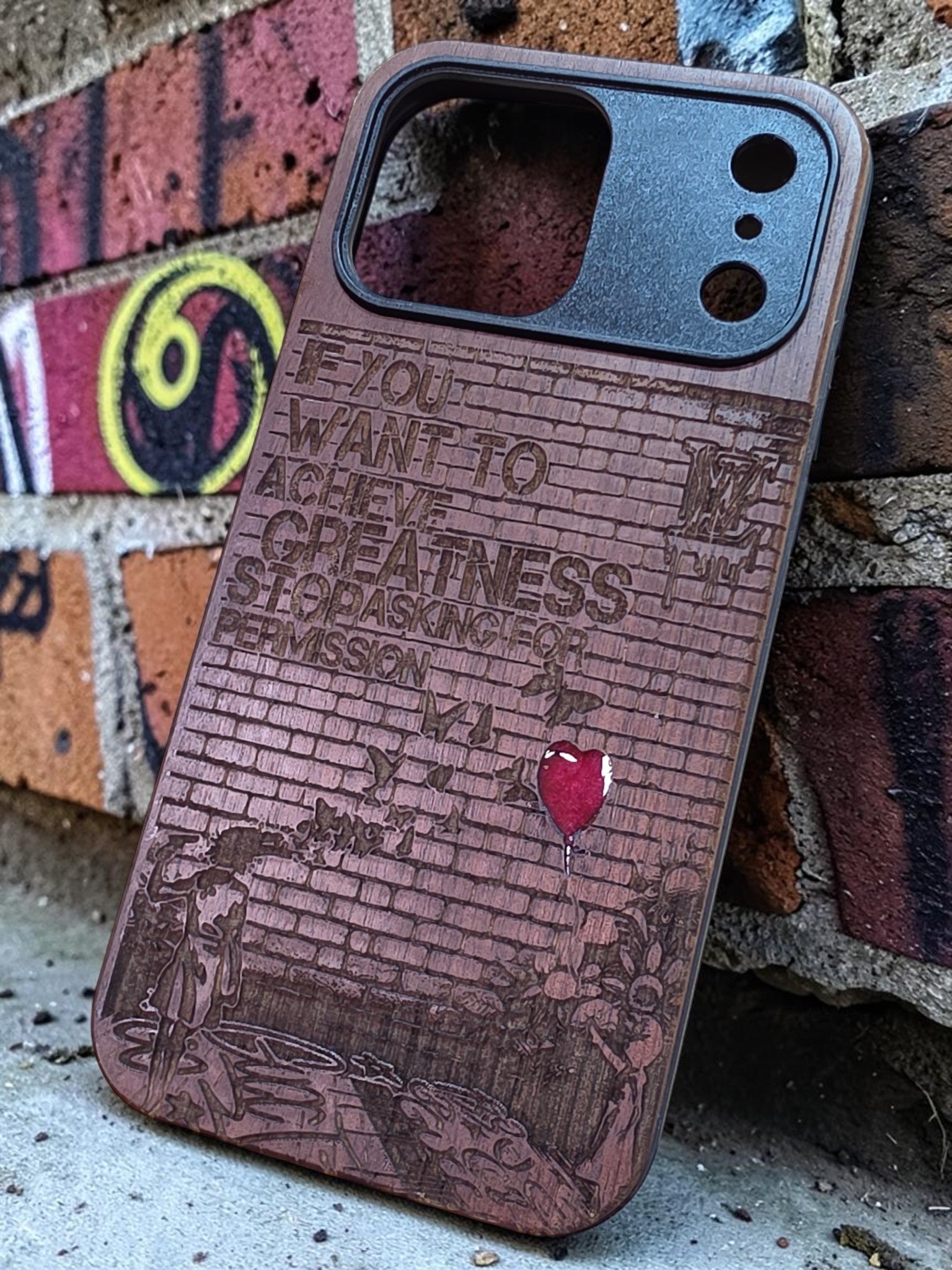 Greatness Street Art Walnut Veneer Phone Case with Red Resin Heart – iPhone 17 Pro & 17 Pro Max