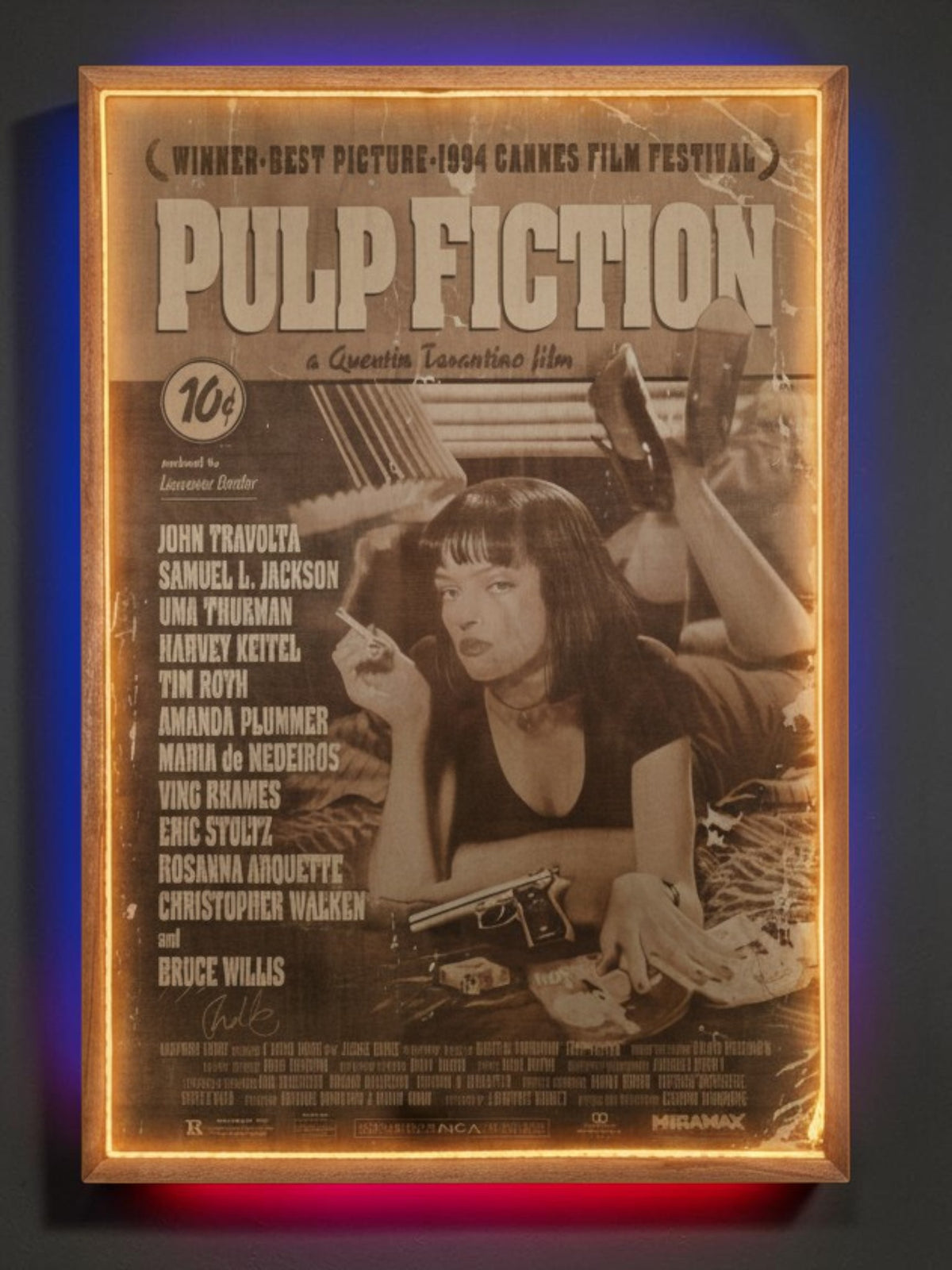 Pulp Fiction Movie Poster LED Wall Art | Backlit Wood Sign with RGB Frame | 30x20 Illuminated Classic Film Decor