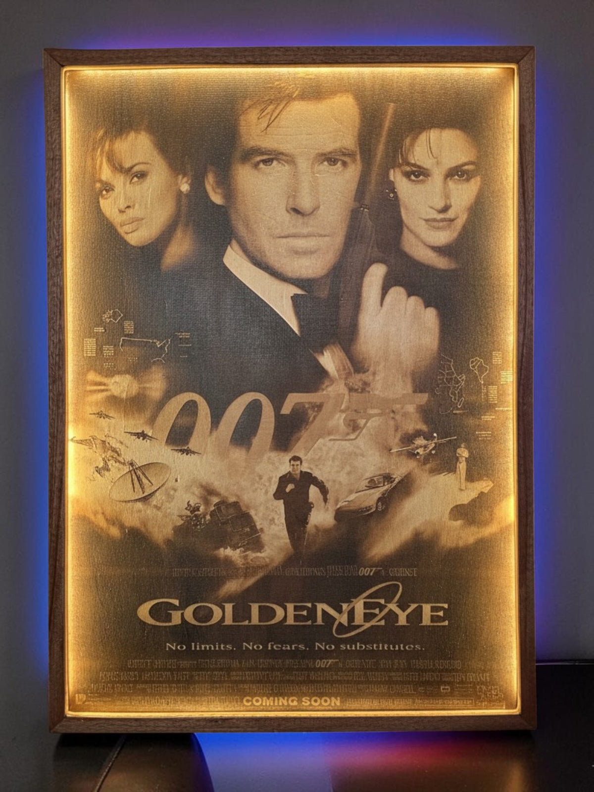 GoldenEye 007 Movie Poster LED Wall Art | Backlit Wood Sign with RGB Frame | 30x20 Illuminated Bond Movie Decor
