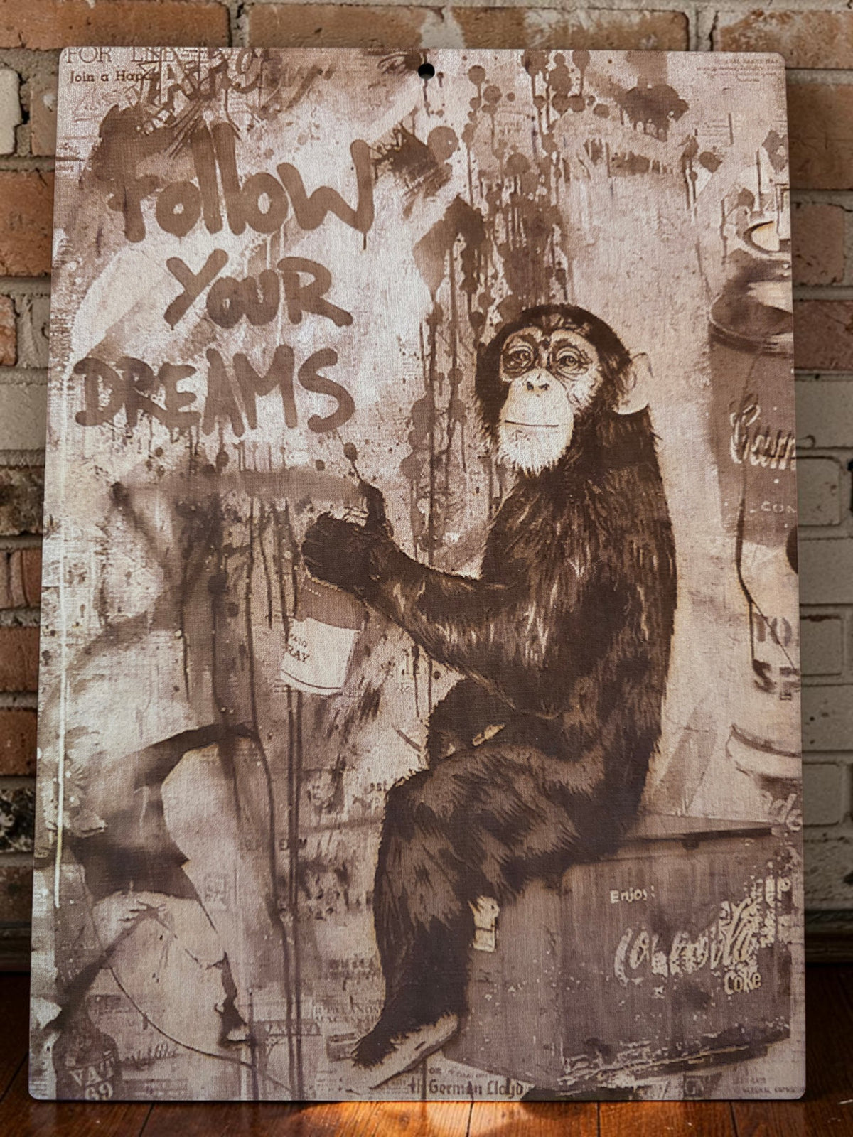 Follow Your Dreams Chimp Wood Sign | Laser Engraved Maple Street Art | 11x14 Urban Pop Art Wall Decor