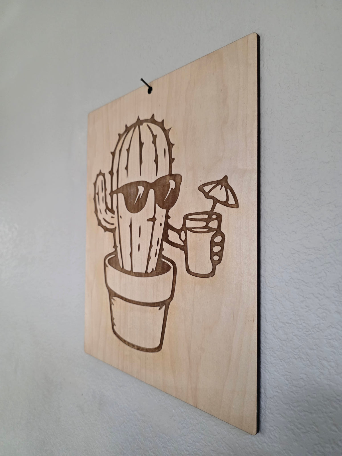 Chill Cactus Happy Hour – 11" x 17" Engraved Maple Wall Art