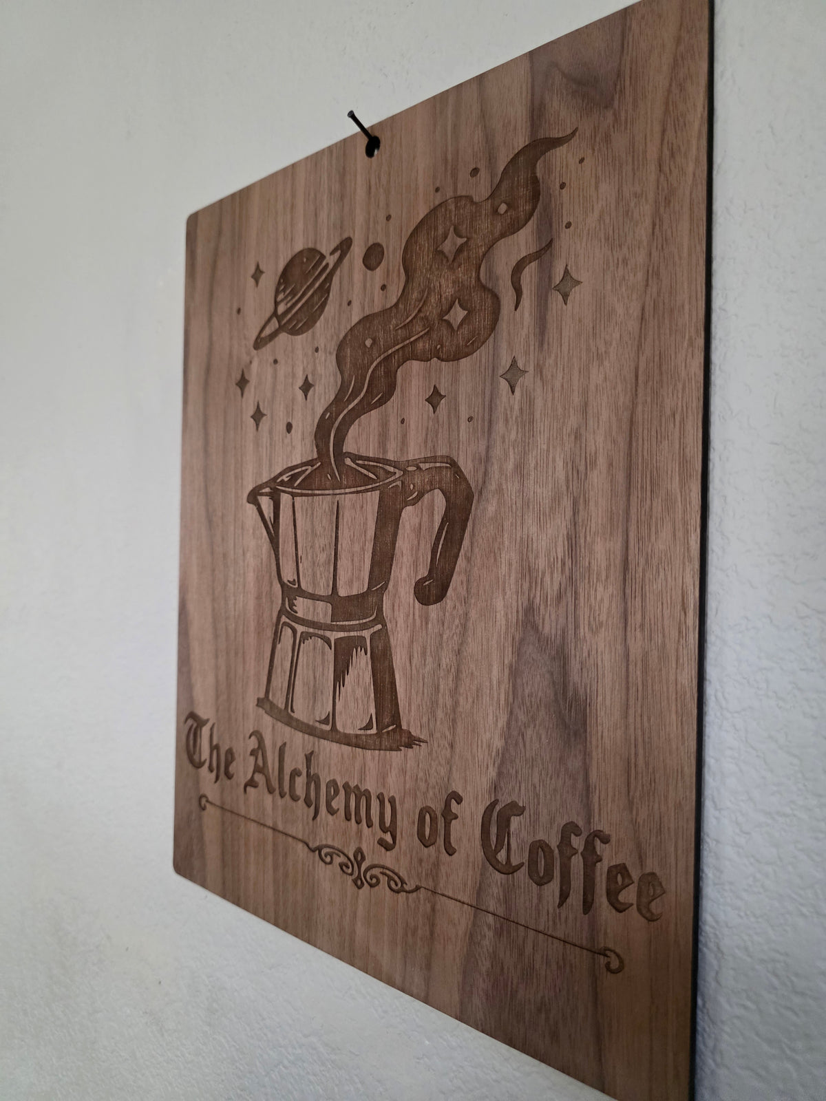 The Alchemy of Coffee – 11" x 17" Engraved Walnut Coffee Wall Art