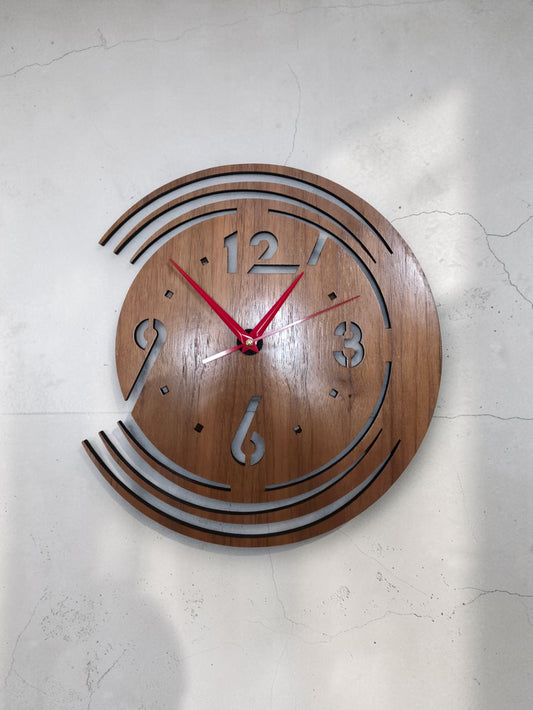 Modern Walnut Wall Clock with Red Hands – 12-Inch Concentric Arc Design