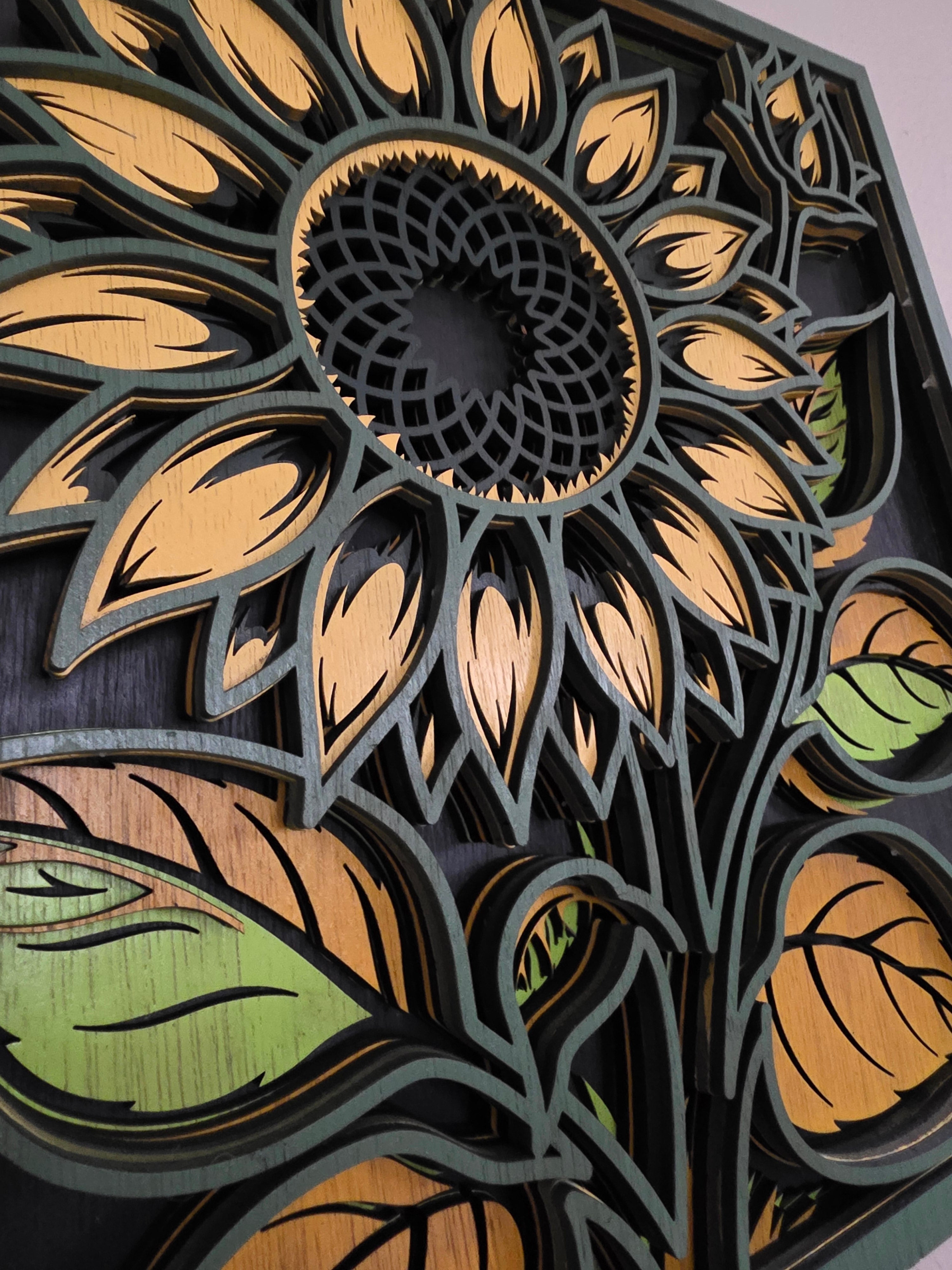Sunflower Mandala Layered Wood Wall Art – 15.5" × 15.5"