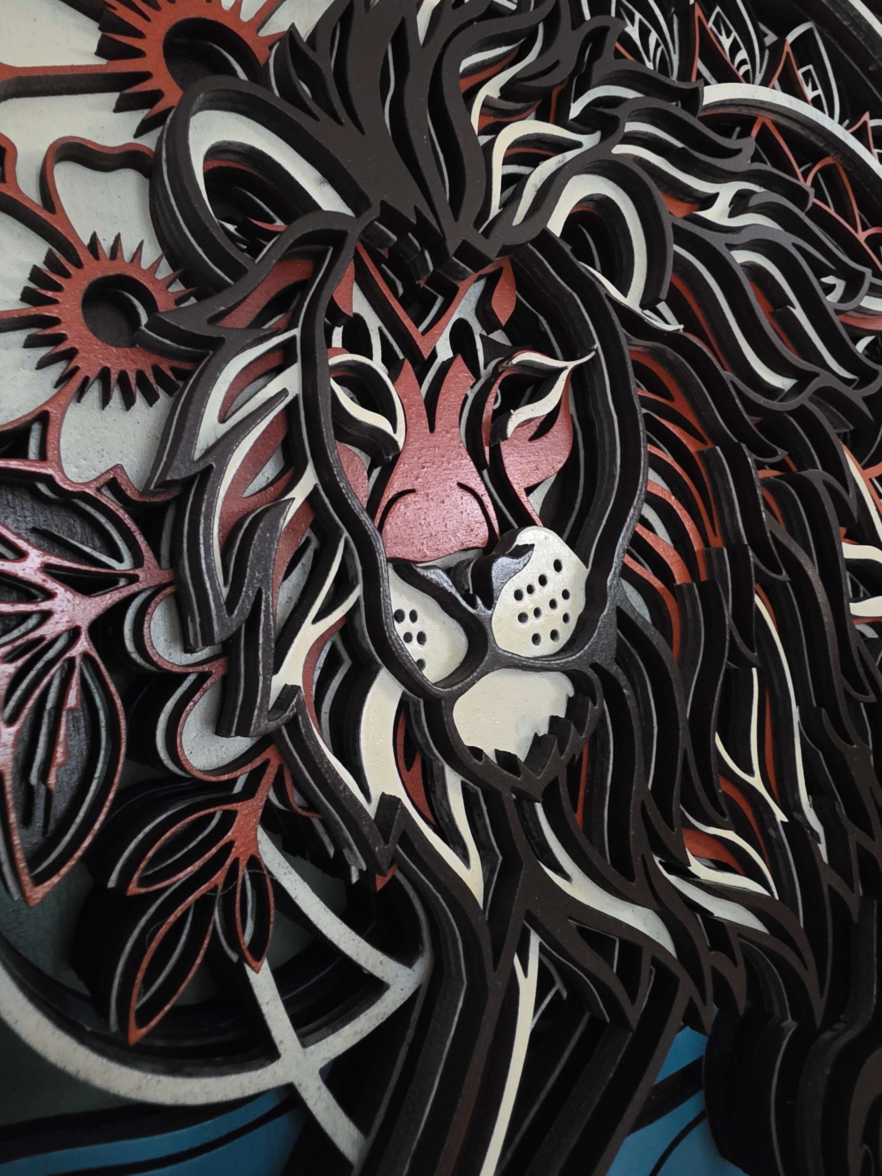 Majestic Lion Mandala Layered Wood Wall Art – 17.35" × 12.62"