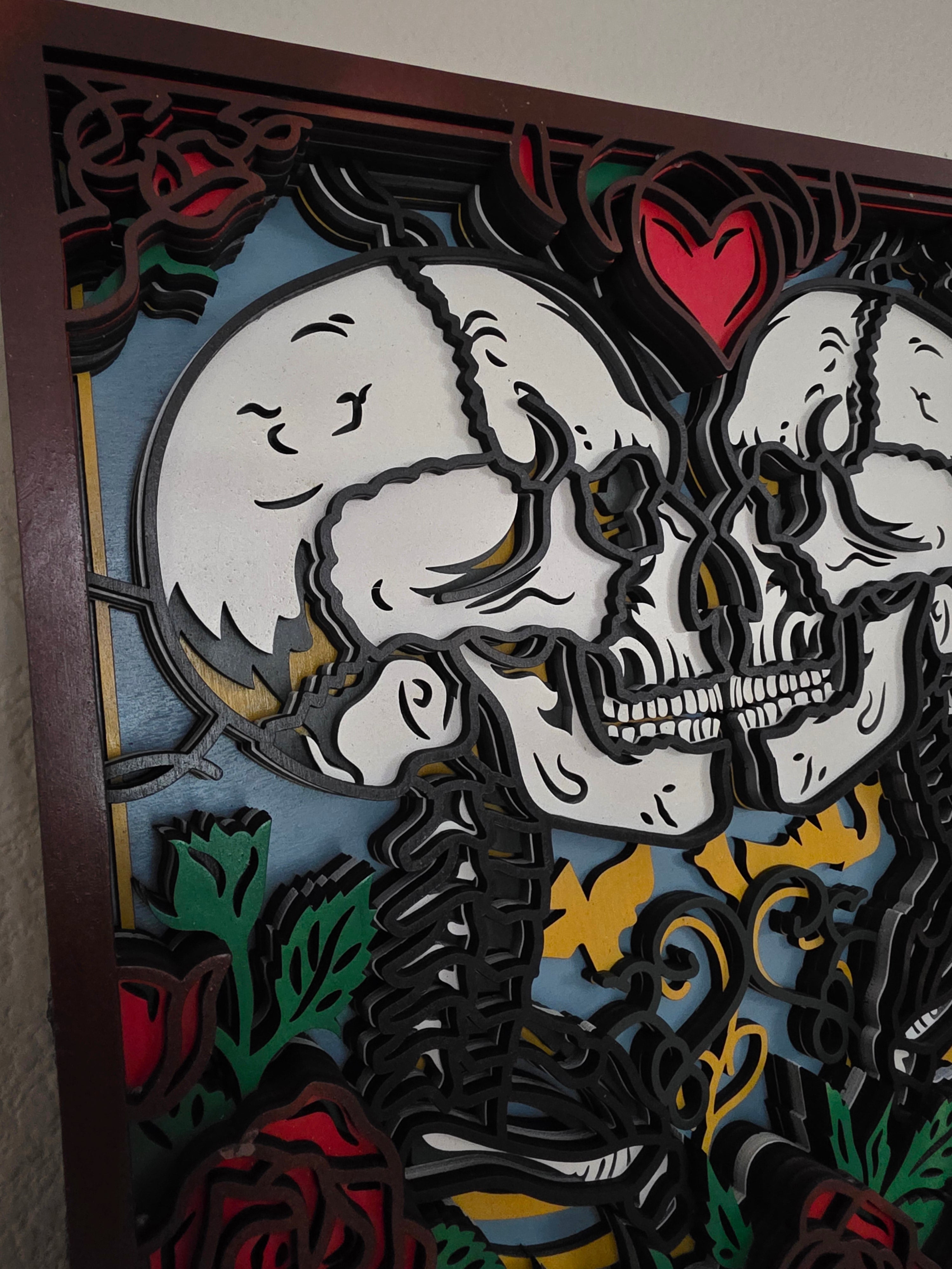 Gothic Skeleton Lovers Layered Wood Wall Art – 14.28" Square