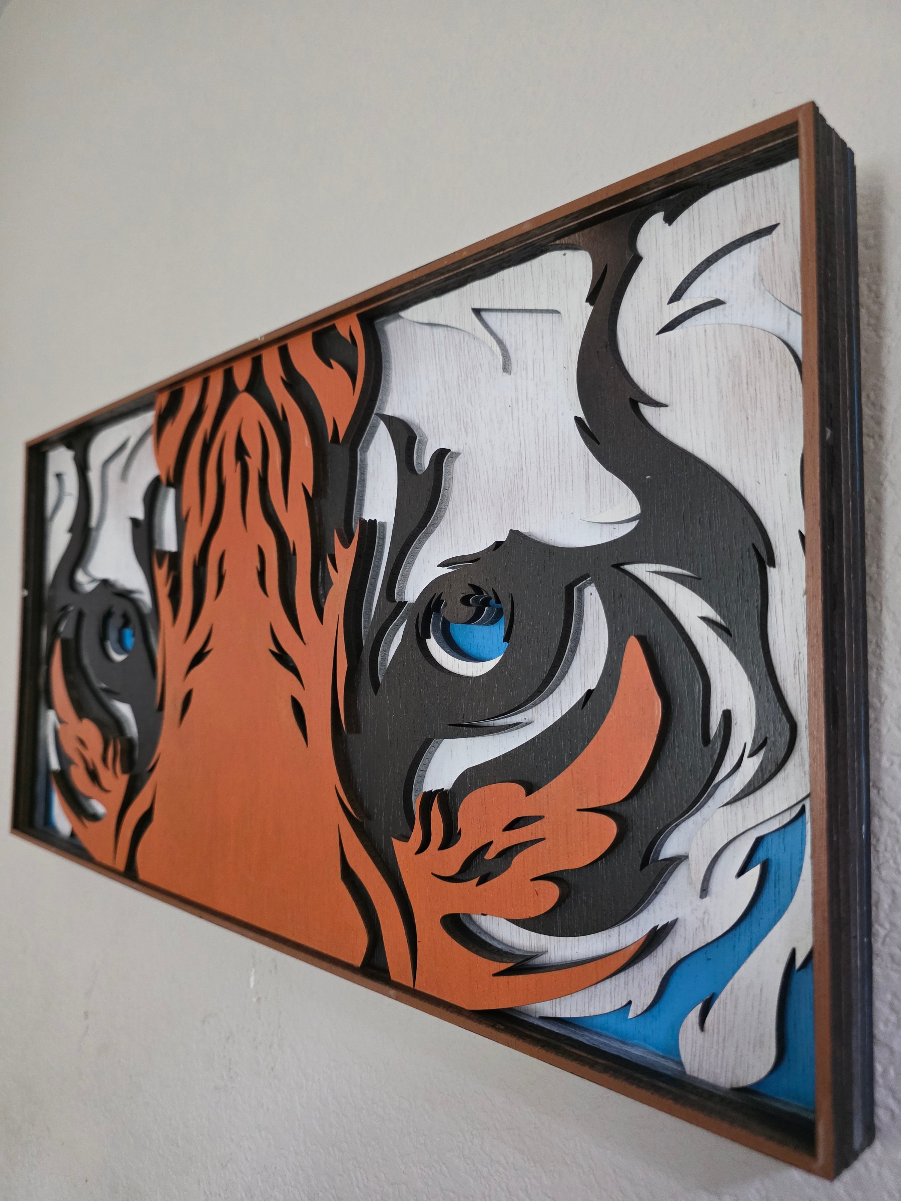Tiger Eyes Layered Wood Wall Art – Framed Wildlife Décor