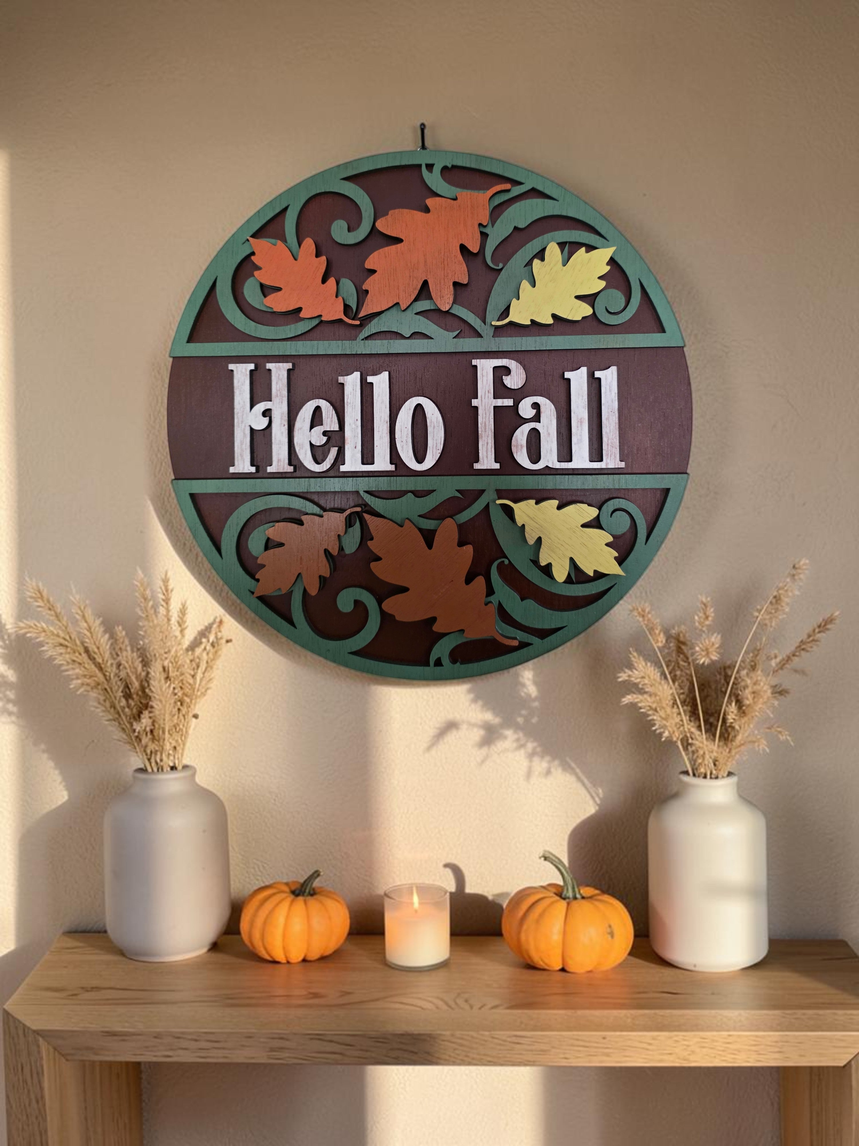 Hello Fall Scrollwork Leaf Round Wood Sign – Autumn Décor