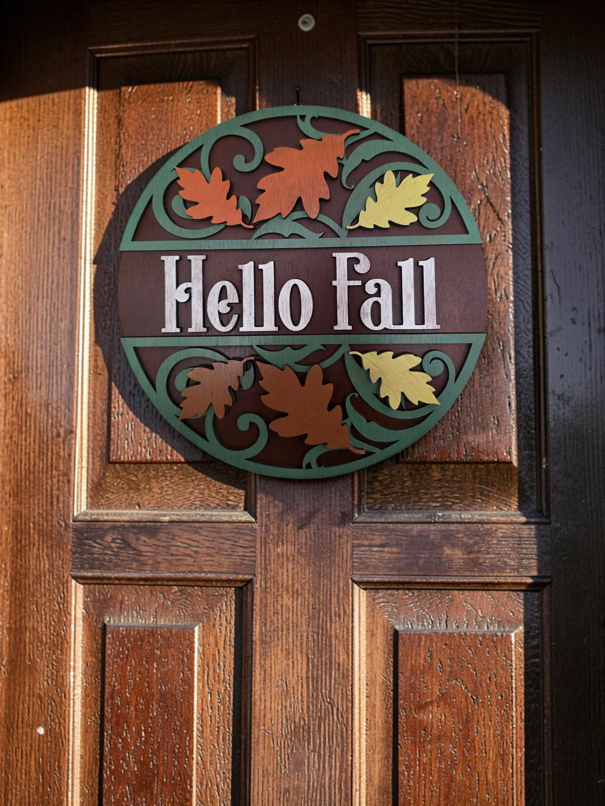 Hello Fall Scrollwork Leaf Round Wood Sign – Autumn Décor