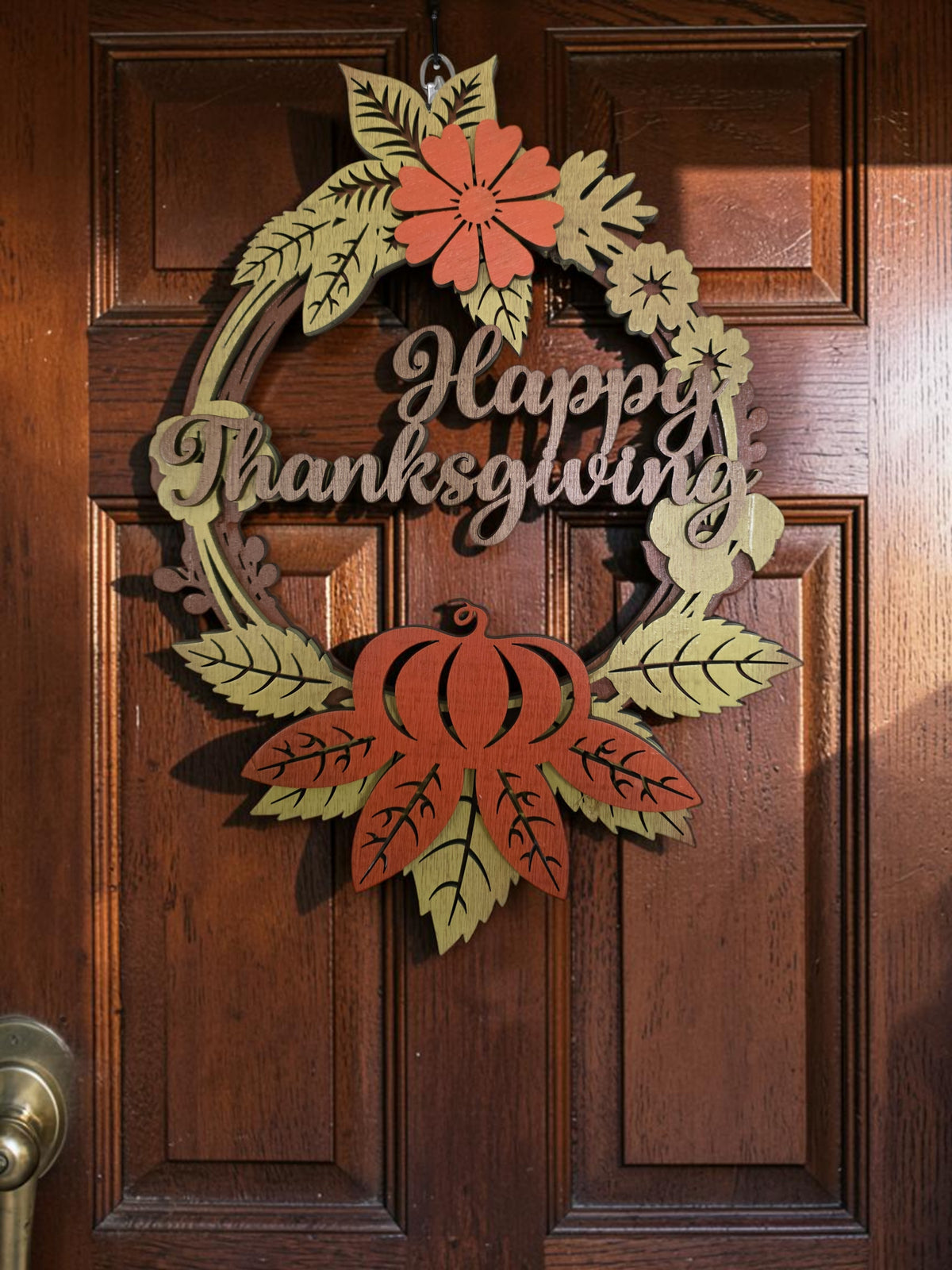 Happy Thanksgiving Floral Wreath Layered Wood Wall Art – Fall Door Décor