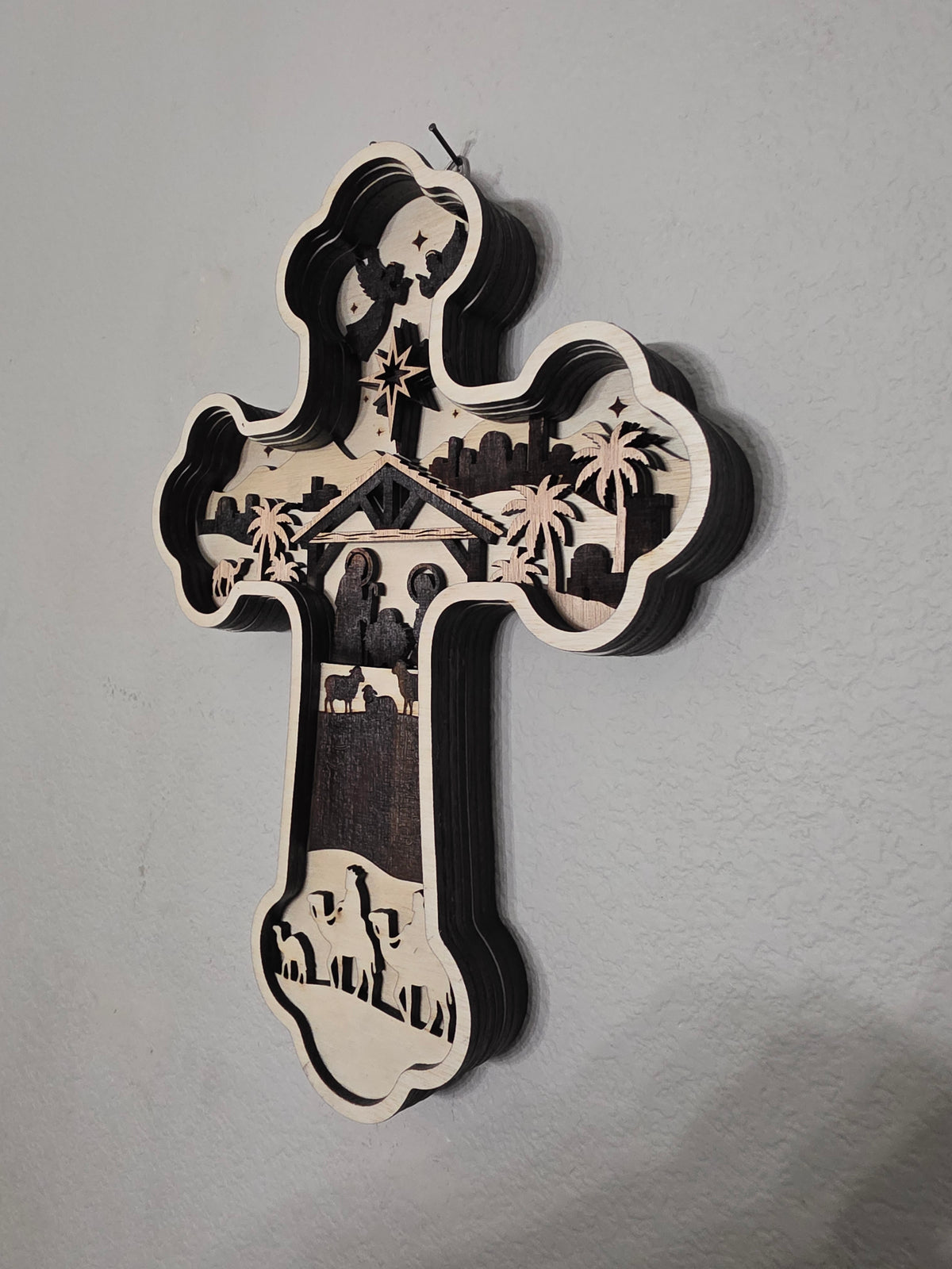 Nativity Cross Layered Wood Wall Art – 3D Christmas Decor