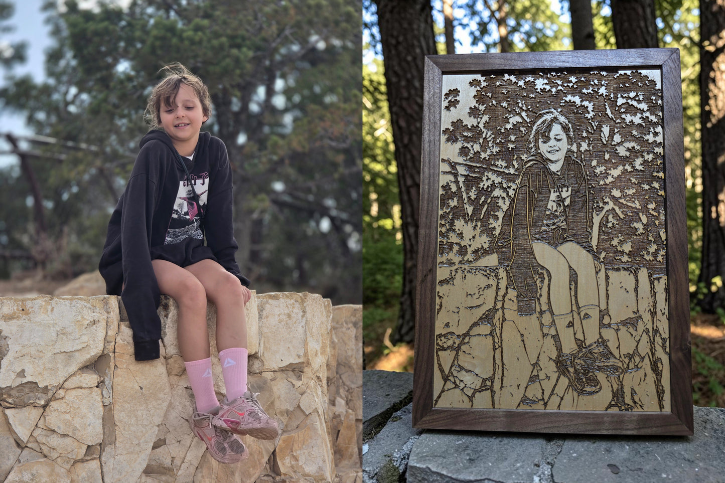 Custom Engraved Photo Portrait on Maple with Solid Walnut Frame