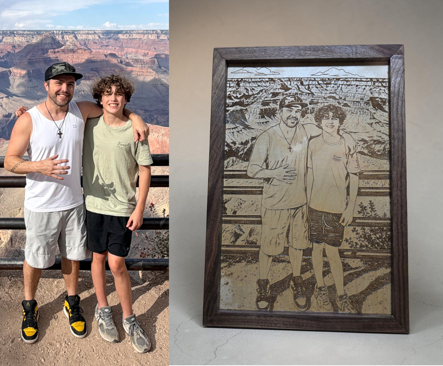 Custom Engraved Photo Portrait on Maple with Solid Walnut Frame