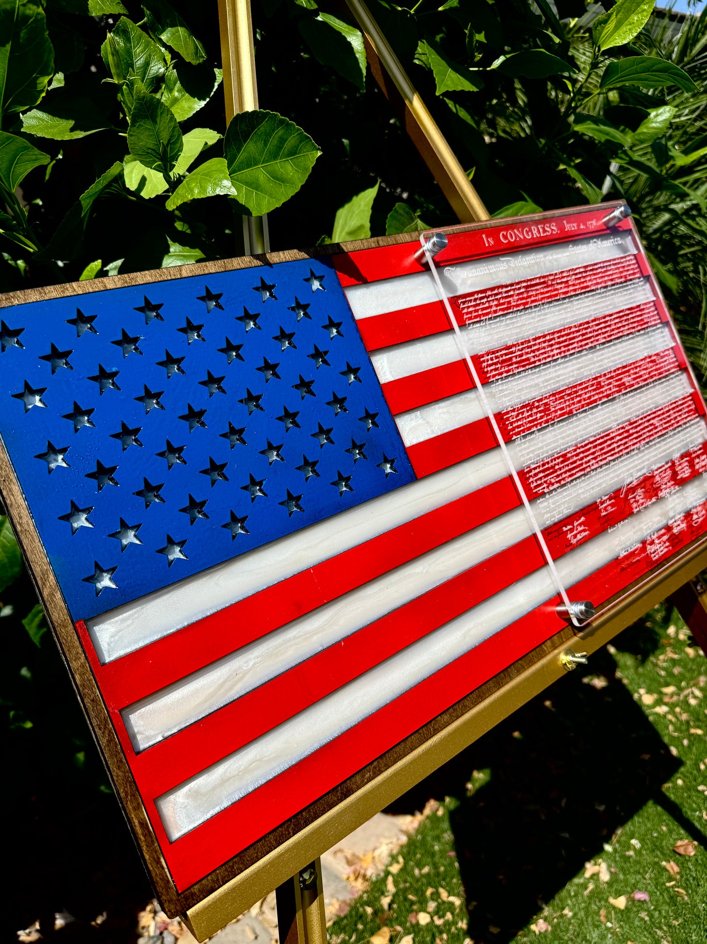 24" Patriotic Birch USA Wall Art with Epoxy Resin Inlay & Declaration of Independence on Acrylic