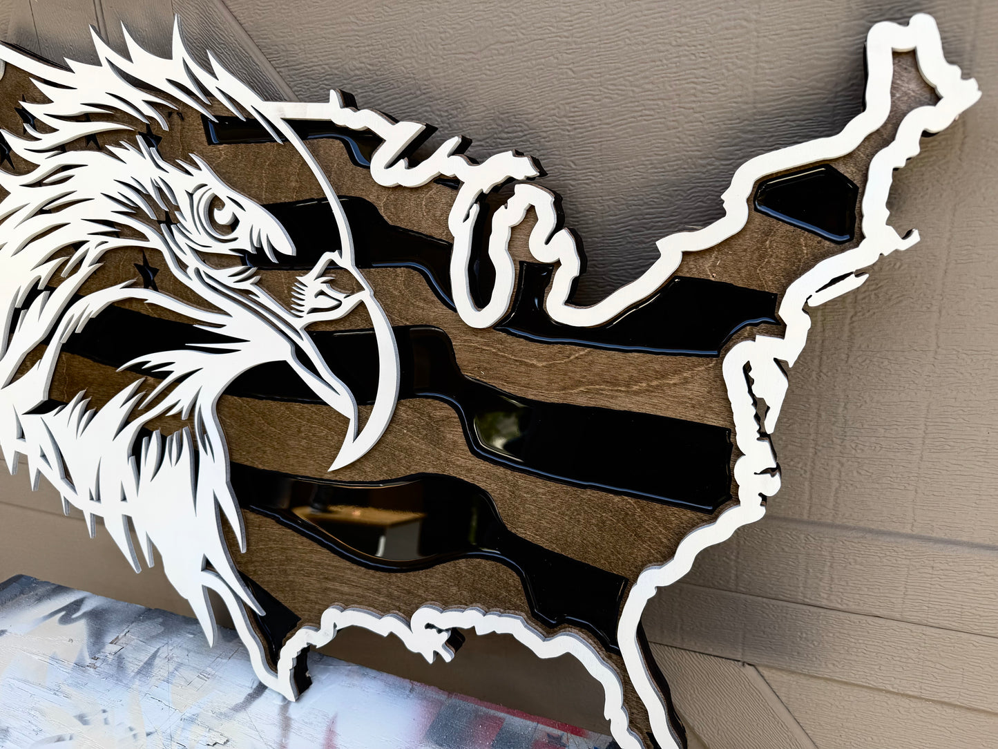 30" Tri-Layer Birch Wood USA Wall Art with Ivory Painted Bald Eagle Cutout & Epoxy Resin Inlay – Patriotic Wooden Decor (Copy)