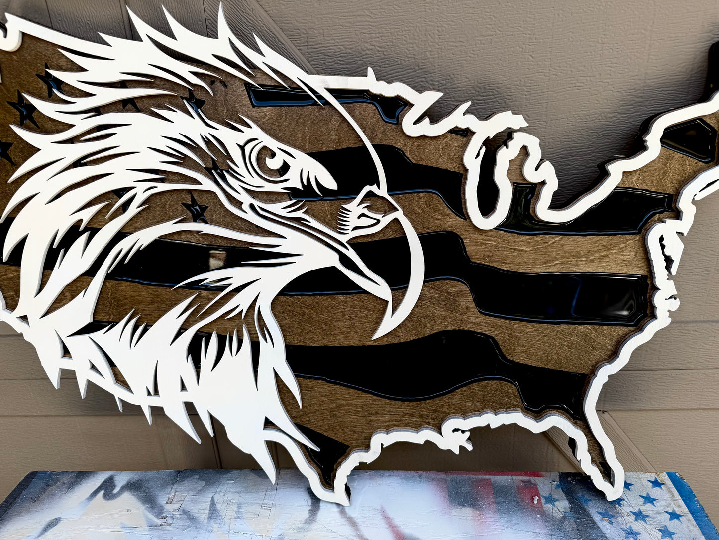 30" Tri-Layer Birch Wood USA Wall Art with Ivory Painted Bald Eagle Cutout & Epoxy Resin Inlay – Patriotic Wooden Decor (Copy)
