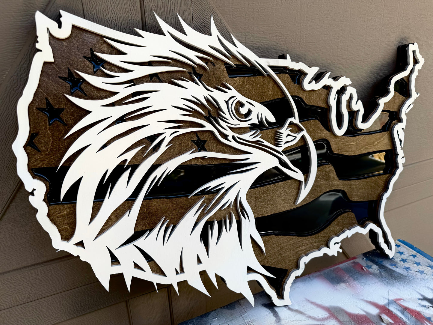 30" Tri-Layer Birch Wood USA Wall Art with Ivory Painted Bald Eagle Cutout & Epoxy Resin Inlay – Patriotic Wooden Decor (Copy)