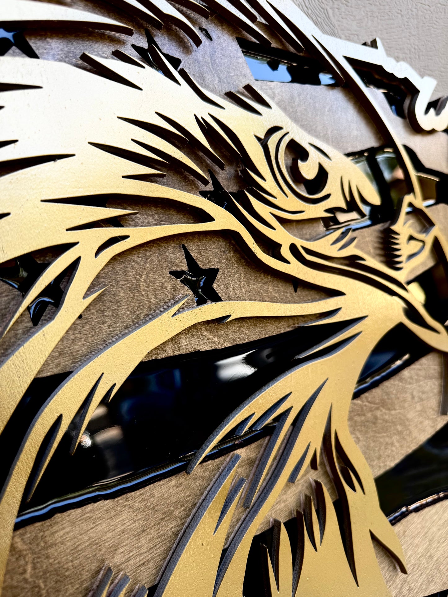 30" Tri-Layer Birch Wood USA Wall Art with Golden Bald Eagle Cutout & Epoxy Resin Inlay – Patriotic Wooden Decor