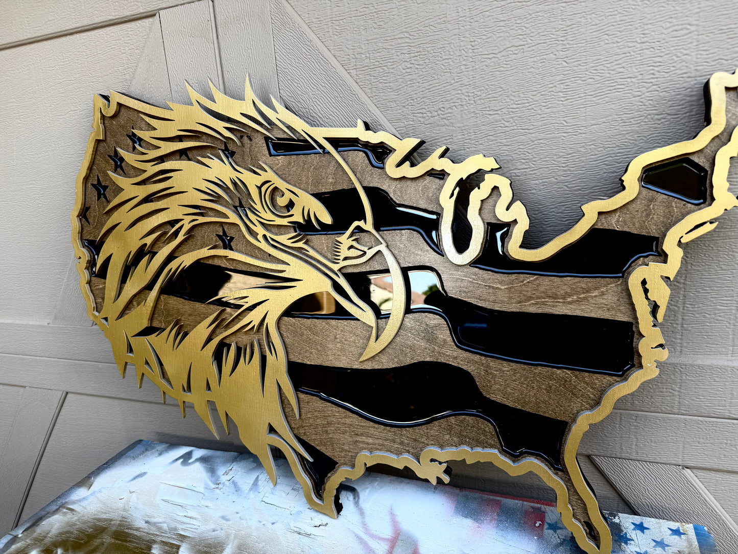 30" Tri-Layer Birch Wood USA Wall Art with Golden Bald Eagle Cutout & Epoxy Resin Inlay – Patriotic Wooden Decor