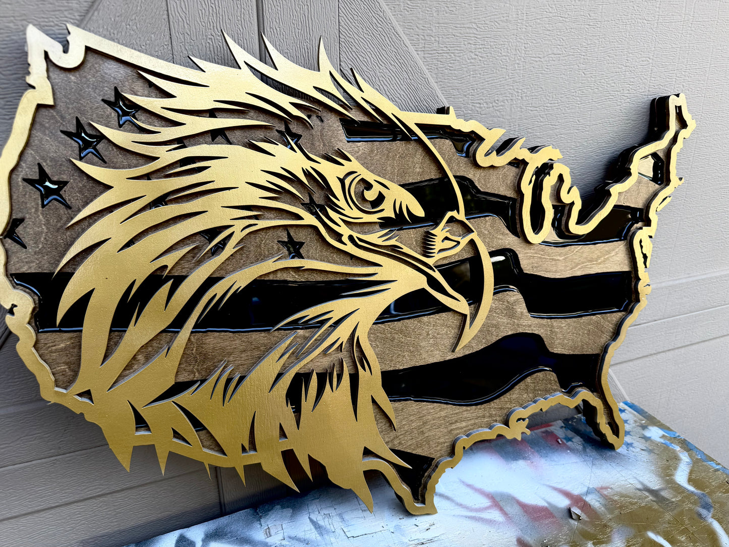 30" Tri-Layer Birch Wood USA Wall Art with Golden Bald Eagle Cutout & Epoxy Resin Inlay – Patriotic Wooden Decor