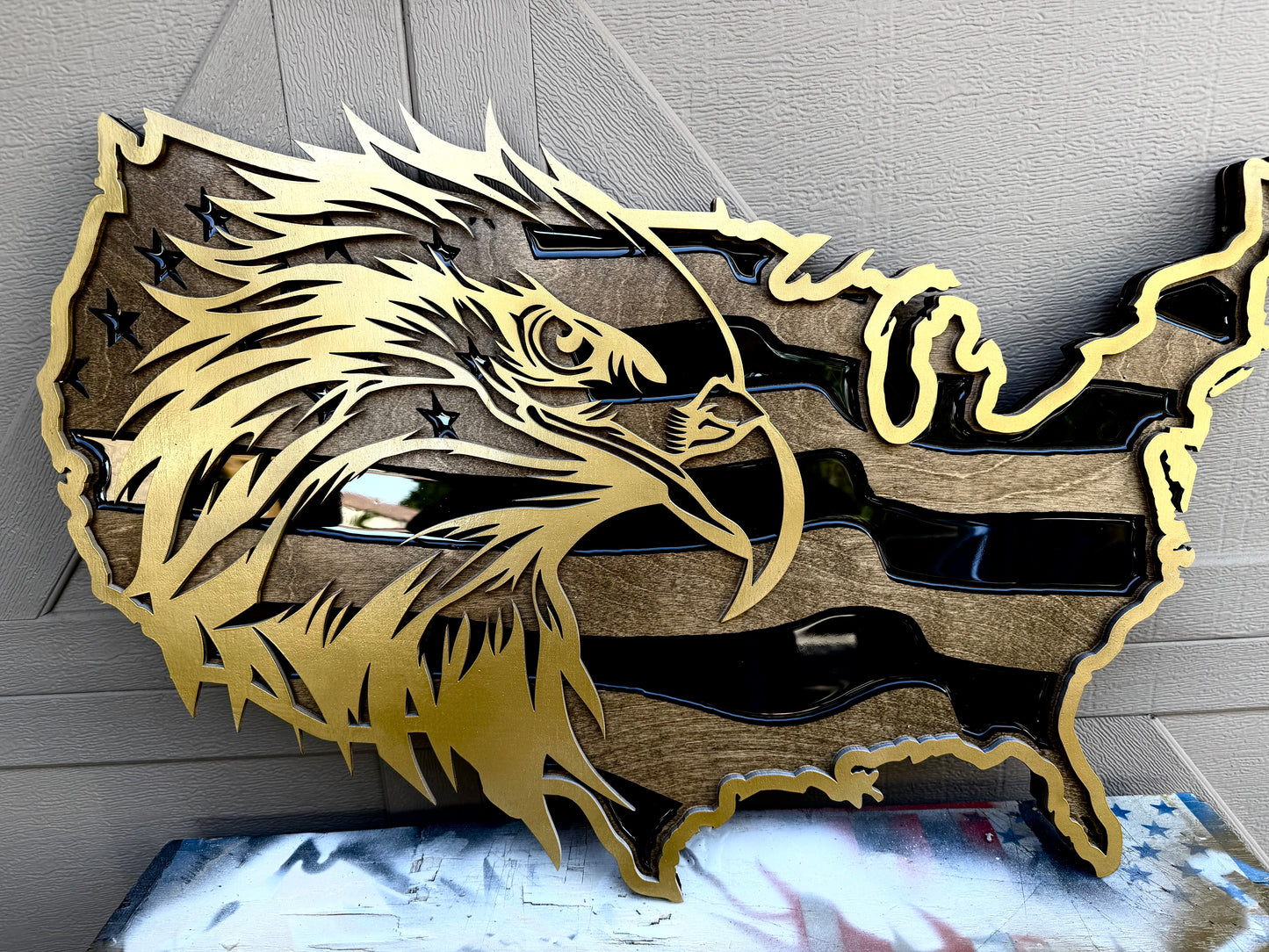 30" Tri-Layer Birch Wood USA Wall Art with Golden Bald Eagle Cutout & Epoxy Resin Inlay – Patriotic Wooden Decor