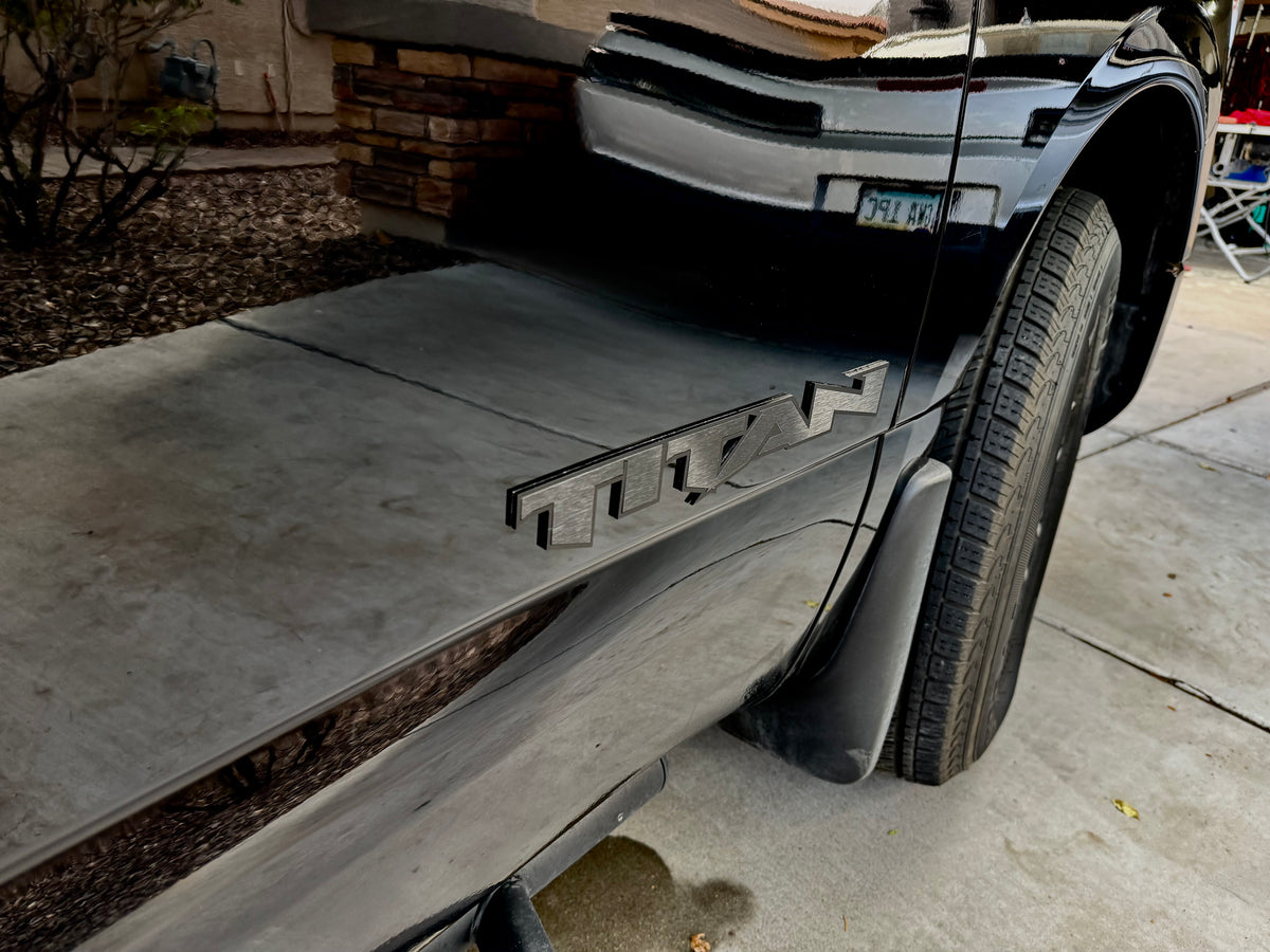 Custom Nissan Titan Emblems – 1/8″ Cast Acrylic with Black Edge & Brushed Black Inlay