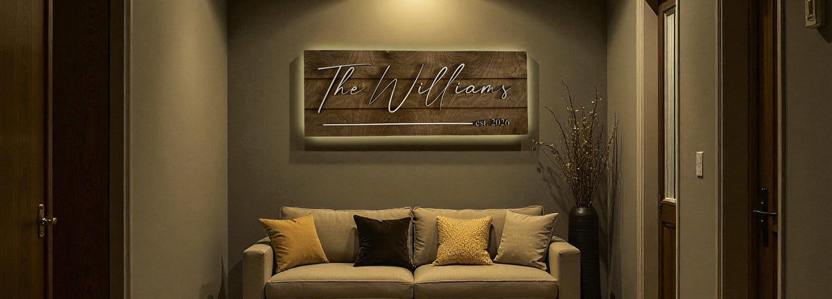 Custom Back-Lit Family Name Sign – ¼" Maple Wood, Dark Walnut Stain, White Overlay Text