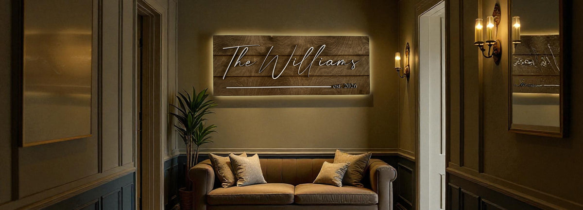 Custom Back-Lit Family Name Sign – ¼" Maple Wood, Dark Walnut Stain, White Overlay Text