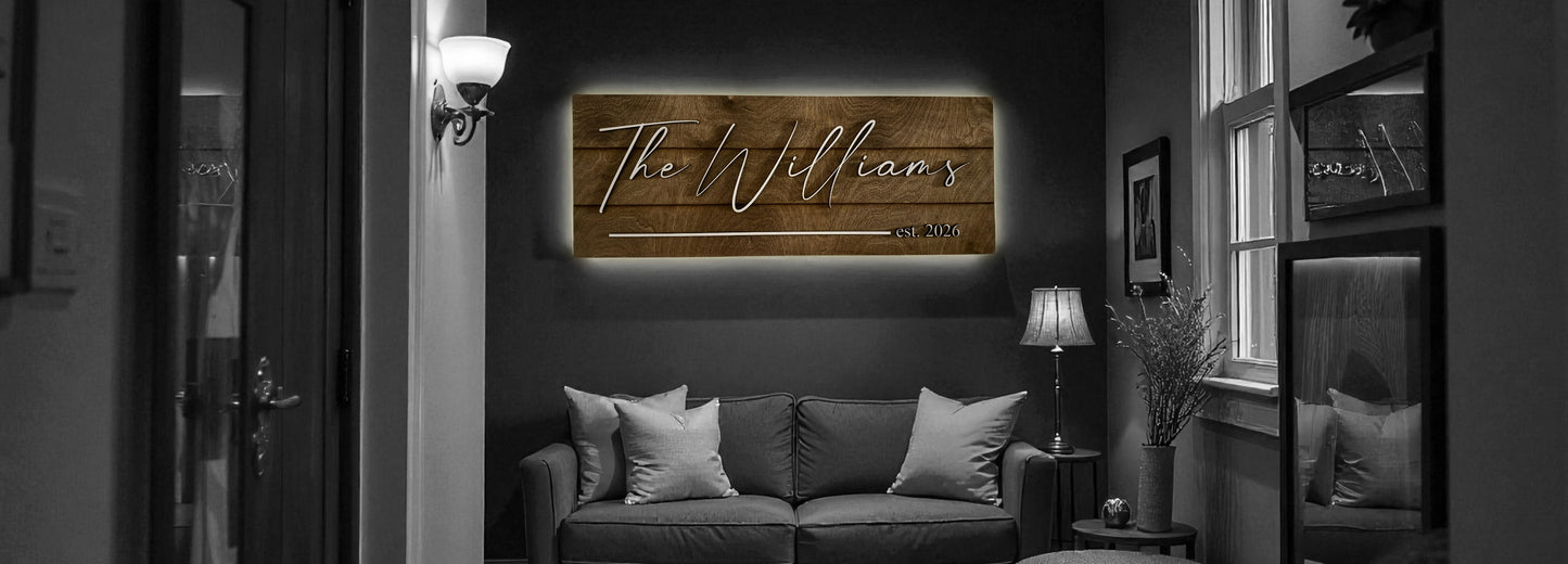 Custom Back-Lit Family Name Sign – ¼" Maple Wood, Dark Walnut Stain, White Overlay Text