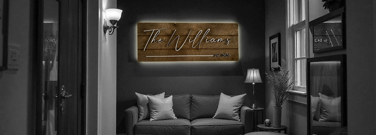 Custom Back-Lit Family Name Sign – ¼" Maple Wood, Dark Walnut Stain, White Overlay Text