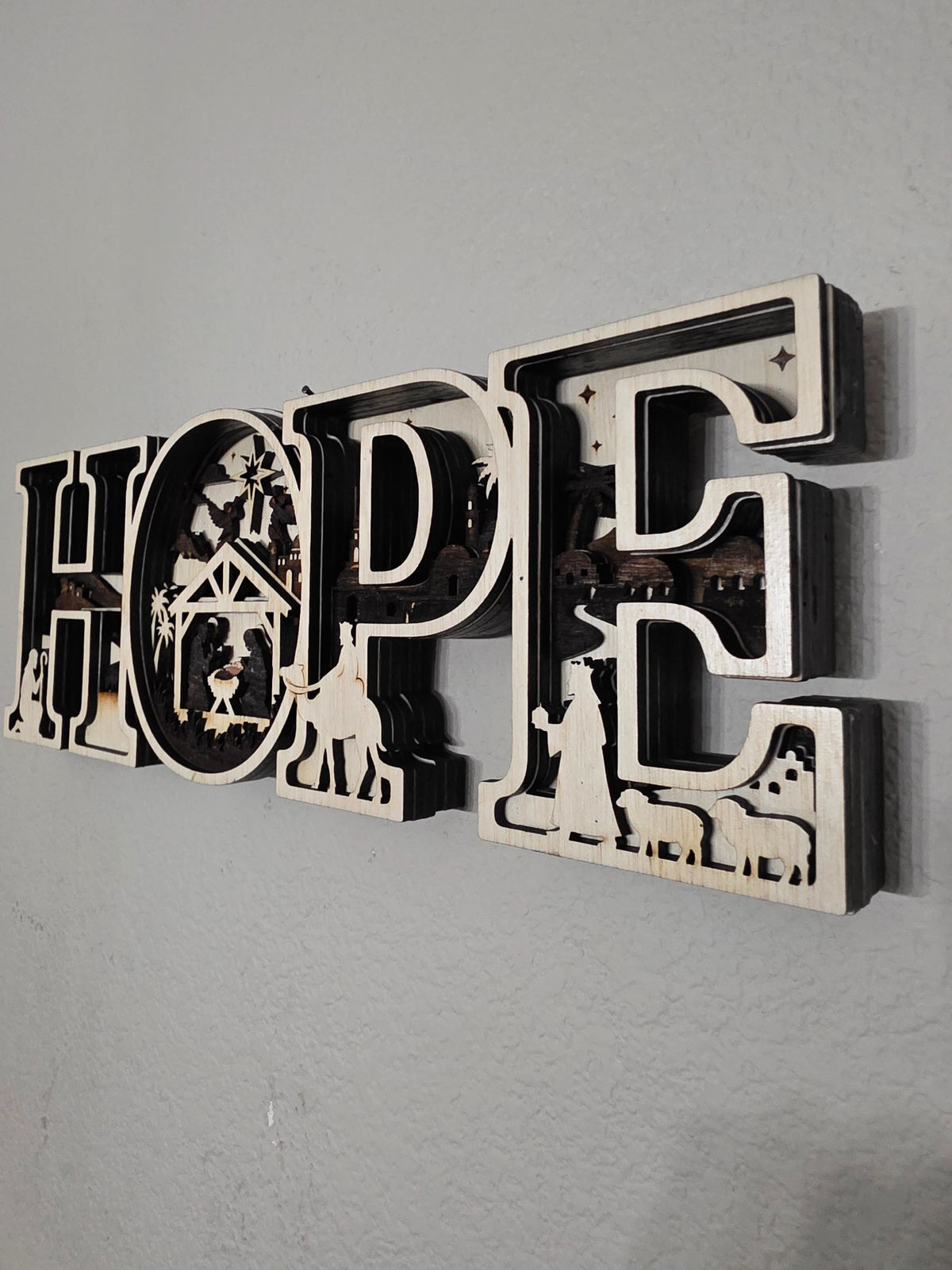 Right angle of HOPE nativity layered wood Christmas wall art