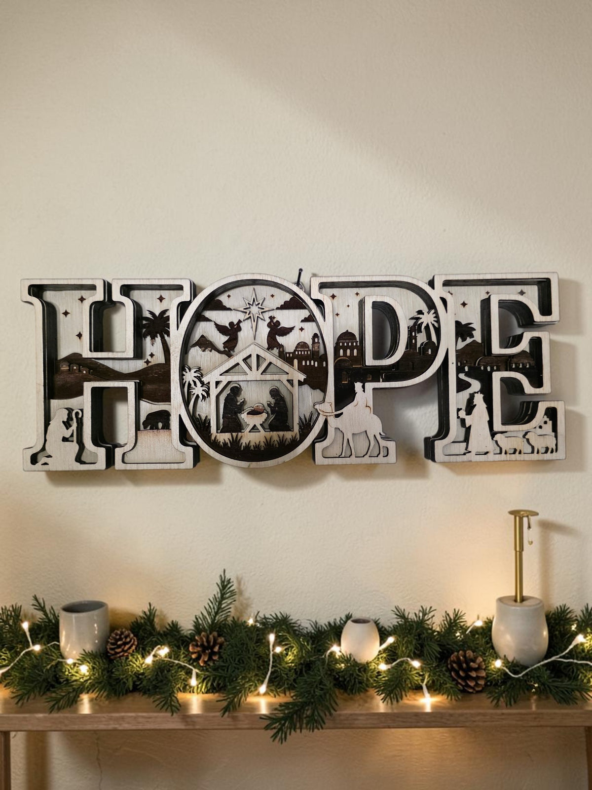HOPE nativity layered wood Christmas wall art