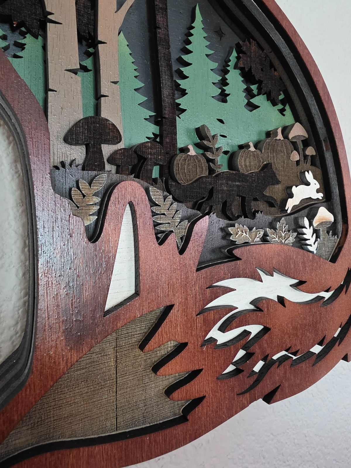 Close-up detail of layered fox woodland scene with rabbit, pumpkins, mushrooms, leaves, and forest animals