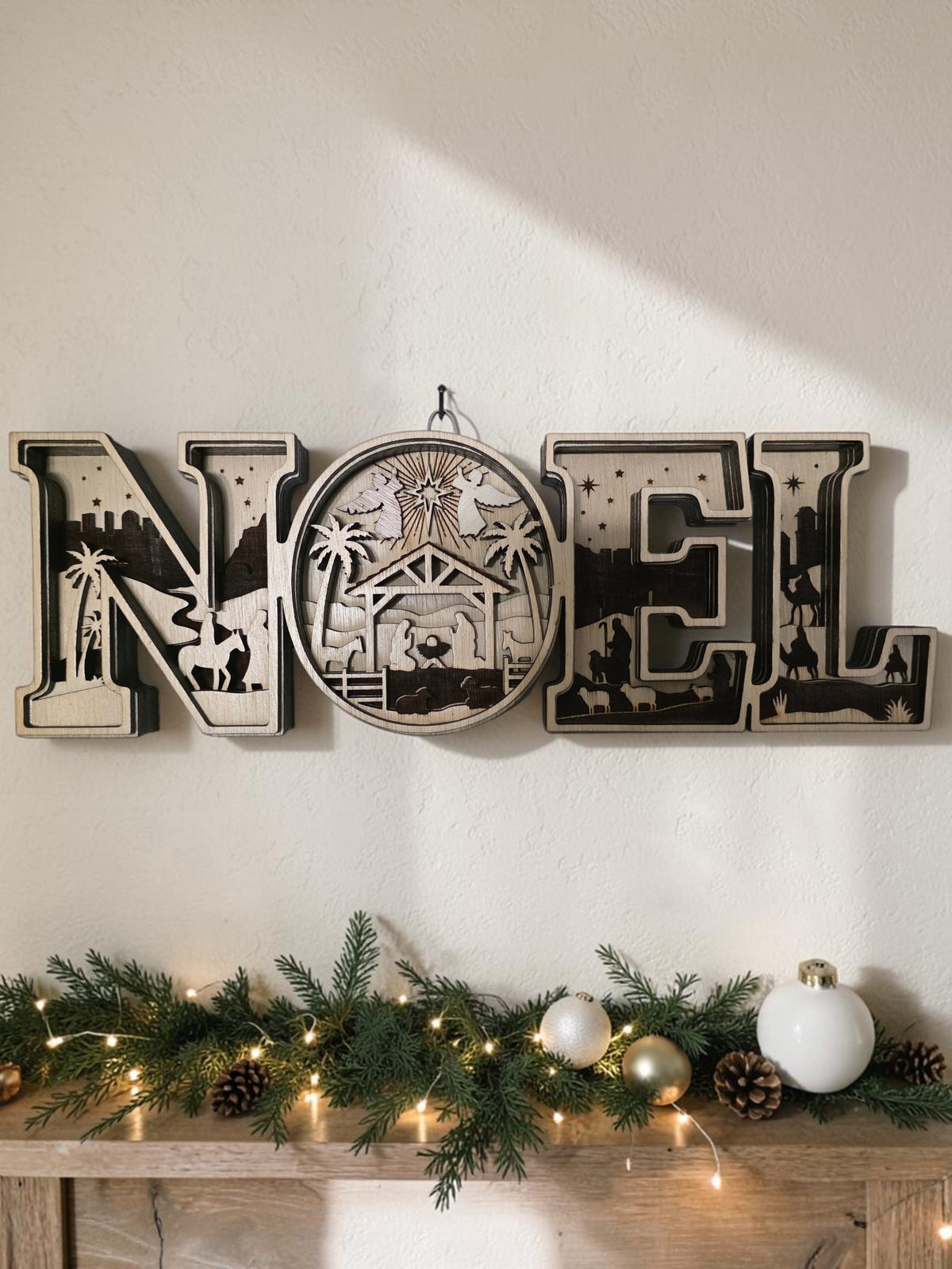 NOEL layered wood nativity Christmas wall art