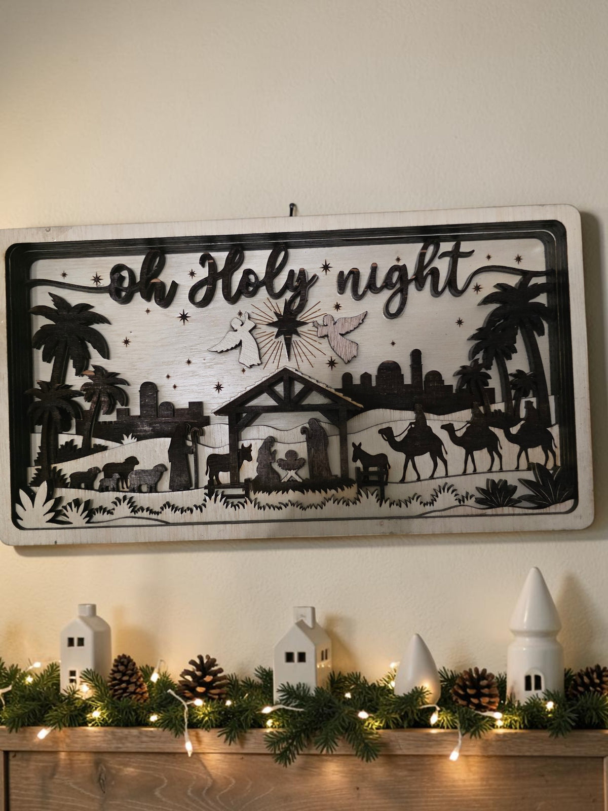 O Holy Night nativity layered wood Christmas wall art